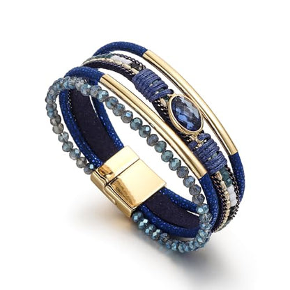 Edoneery Leather Wrap Bracelets for Women, Boho Layered Cuff Bangle | Multi-layer Leather Cuff, Daily wear, Stackable Bangle, Easy on-off, Western Jewelry Gifts for Women - color: Blue-1