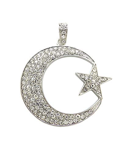 Fashion 21 Unisex Iced Out Crescent Moon & Star Pendant 24" Various Chain Necklace in Gold, Silver Tone - color: Silver / Pendant Only