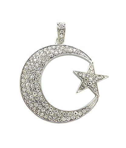 Fashion 21 Unisex Iced Out Crescent Moon & Star Pendant 24" Various Chain Necklace in Gold, Silver Tone - color: Silver / Pendant Only