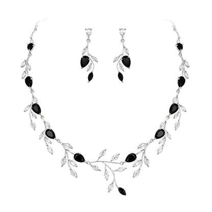 Cubic Zirconia Leaf Vine Wedding Jewelry Set for Bride Women Bridesmaid | Pear-Shaped Birthstone, Necklace Dangle Earrings for Bridesmaid, Silver-Plated-Brass - color: 2pcs_Black