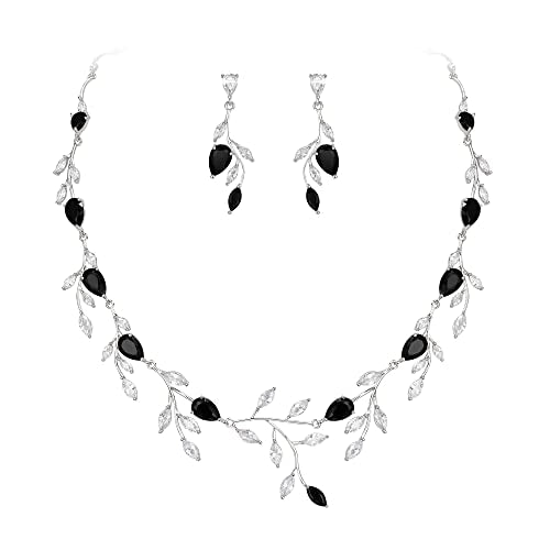 Cubic Zirconia Leaf Vine Wedding Jewelry Set for Bride Women Bridesmaid | Pear-Shaped Birthstone, Necklace Dangle Earrings for Bridesmaid, Silver-Plated-Brass - color: 2pcs_Black