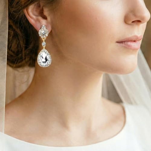 Mariell Black Crystal Teardrop Dangle Earrings, Jewlery for Brides, Bridesmaids, Prom and Wedding Parties - color: Gold Clip On