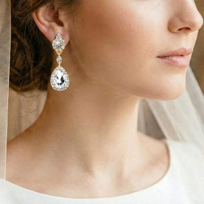 Mariell Black Crystal Teardrop Dangle Earrings, Jewlery for Brides, Bridesmaids, Prom and Wedding Parties - color: Gold Clip On