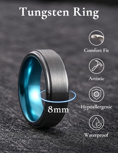 King Will Mens Brushed Wedding Band, Two Tone Matte Step Edges/Pipe Cut, Tungsten Carbide Anniversary Promise Rings Comfort Fit - color: Silver&Ice Blue-8mm