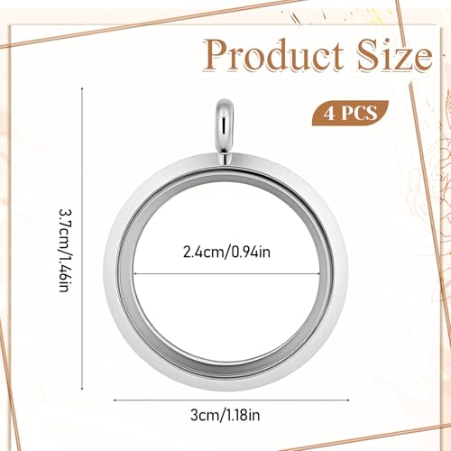 Locket Necklace, 4 Packs Stainless Steel 30mm/1.18" Diameter Glass Locket Pendant Charm, DIY Round Locket, Suitable for Women Friendship Memory Necklace