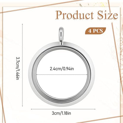 Locket Necklace, 4 Packs Stainless Steel 30mm/1.18" Diameter Glass Locket Pendant Charm, DIY Round Locket, Suitable for Women Friendship Memory Necklace