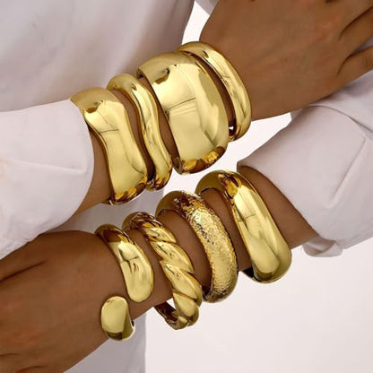Chunky Gold Bangle Bracelets for Women, 14K Gold Plated Wide Cuff Bracelet | Stackable Open Cuff Bangles, Trendy Statement Jewelry Gift for Women - color: Gold-13