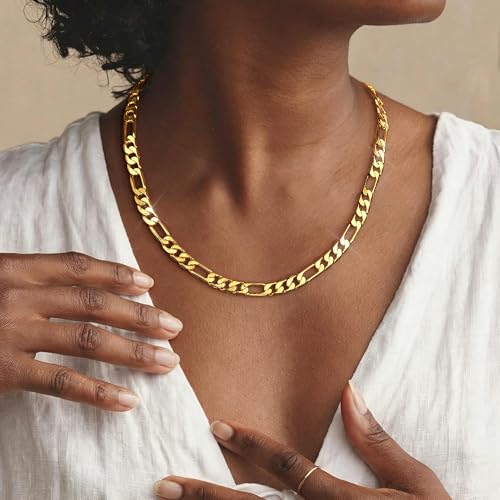 7mm Gold Figaro Link Chain Necklace for Men ＆ Women，14K Gold Chain Necklace for Women & Men Chains for Mens Figaro Chains Necklaces,Dainty Jewelry Gifts Size 18/20/ 22/ 24in - size: 18inch