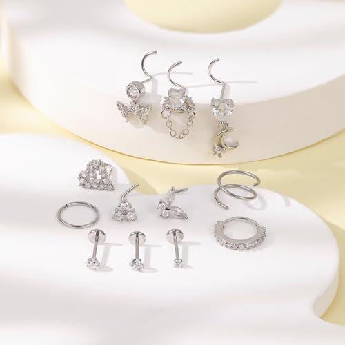 REVOLIA 12Pcs 20G Nose Ring Set 316L Stainless Steel Nose Rings Hoop for Women CZ L Shaped Studs Dangle Heart Butterfly Screw Nose Studs Cute Threadless Flat Back Nose Piercings Jewelry - color: Silver
