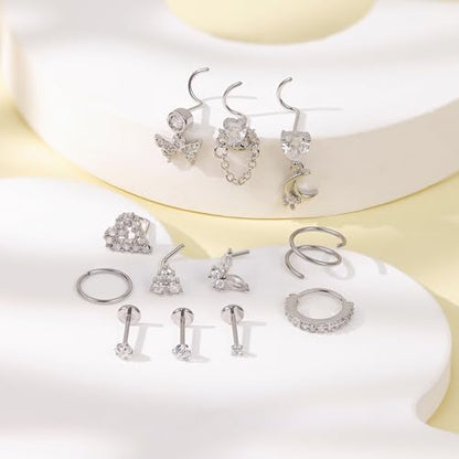 REVOLIA 12Pcs 20G Nose Ring Set 316L Stainless Steel Nose Rings Hoop for Women CZ L Shaped Studs Dangle Heart Butterfly Screw Nose Studs Cute Threadless Flat Back Nose Piercings Jewelry - color: Silver
