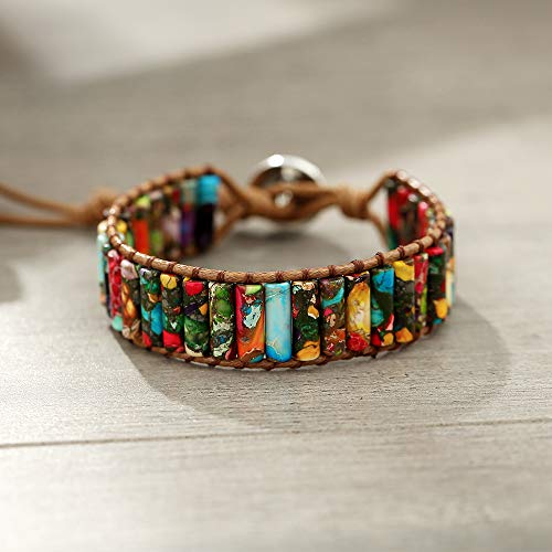 Plumiss Women Boho Handmade Natural Stone Crystal Leather Bead Wrap Bracelets Collection - style: Colorful Jasper 1W