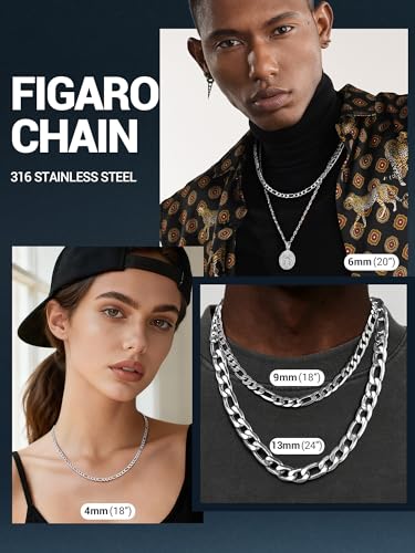 PROSTEEL Stainless Steel Figaro Link Chain Necklace for Men Women | 18K Gold Plated/Black/Silver,4/6/9/13mm Width,Sweat-proof and Fade-resistant Diamond Cut Chain with Sturdy Clasp,18"-30" - color: Silver, size: 28 inches, style: 4mm Width