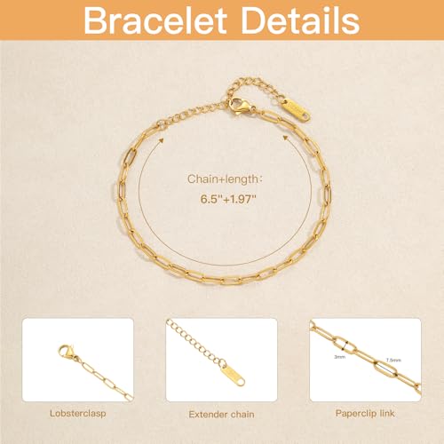 Swyabi 10 PCS Gold Plated Paperclip Bracelet Chains Bulk for Jewelry Making | 18K Stainless Steel, with Extender, No Fade, No Rust, Adjustable, for Men Women DIY, 6.5 Inch - color: 3x7.5mm Gold