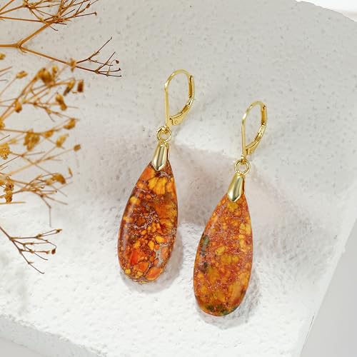 Natural Healing Teardrop Stone Leverback Dangle Drop Earrings Statement Gold earrings - color: Orange -Gold