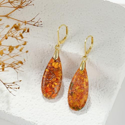 Natural Healing Teardrop Stone Leverback Dangle Drop Earrings Statement Gold earrings - color: Orange -Gold