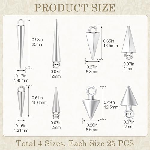 Cone Charm, Punk Style Spike Pendants with Small Hole, Glossy Gothic Dangle Cone Pendants Charm - color: Silver, alloy, 100pcs, 4 Sizes