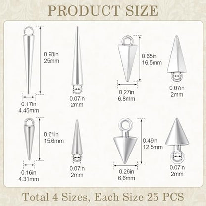 Cone Charm, Punk Style Spike Pendants with Small Hole, Glossy Gothic Dangle Cone Pendants Charm - color: Silver, alloy, 100pcs, 4 Sizes