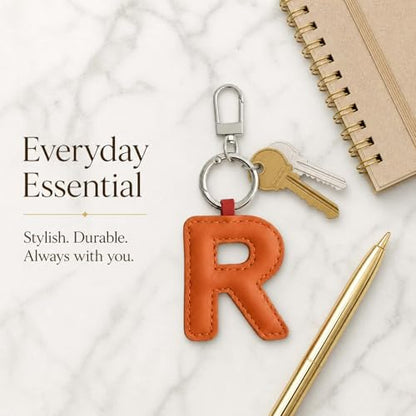 Initial Letter Keychain,Stainless Steel,Colorful Faux Leather Keyring for Backpack,Purse,Car Keys,Gift for Men Women - color: R
