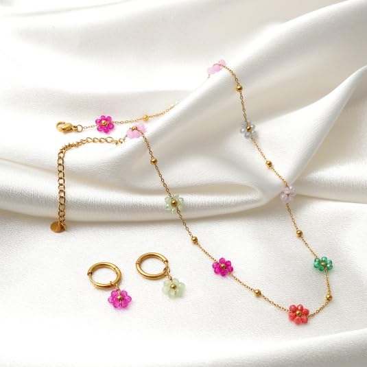Daisy Pearl Jewelry Set for Women, 14K Gold Plated Stainless Steel Necklace Bracelet Earring 3 Piece Set, Dainty Pearl Choker Flower Necklace Birthday Gift for Her - color: Multi-color