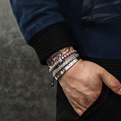 WFYOU 3PCS Stainless Steel Imperial Crown Bracelets for Men Gold Roman Numeral Bangle Bracelet Adjustable Cuff Bracelet Mens Luxury Jewelry Gifts - style: 01:Silver-Cubic Zirconia