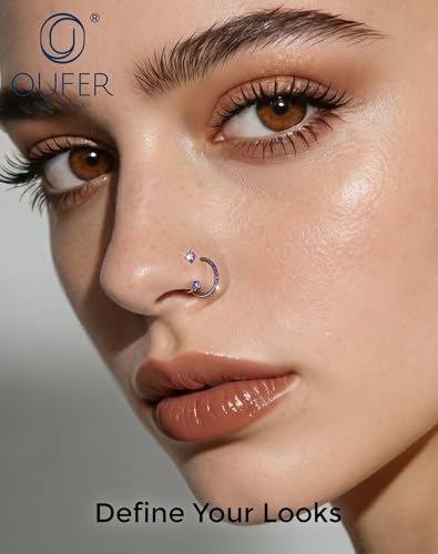 OUFER 2PCS Nose Rings Hoops, 20g Double Gem Horseshoe Threadless Nose Rings for Women, Septum Clicker Daith Tragus Helix Rook Eyebrow Lip Piercing Jewelry - color: Silver Purple CZ