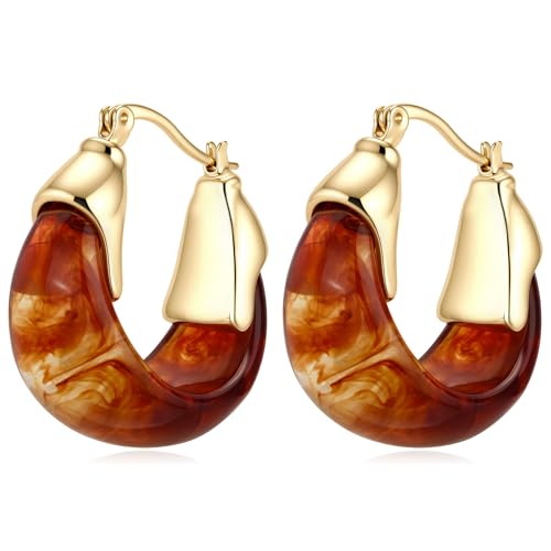 Chunky Gold Boho Hoop Dangle Earrings for Women Gold Plated Hypoallergenic Vintage Stainless Steel Resin Drop Prom Earrings Summer Prom Maximalist Jewelry Gift - color: Round/Amber Brown
