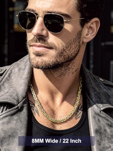 Bandmax Stainless Steel Byzantine Chain Necklace for Men Two Tone Black Gold Heavy Duty Motorcycle Biker Link Chains, 6MM/8MM/10MM Width, 18 Inch-30 Inch Length, Men's Fashion Jewelry Gift - color: 03 Silver&Gold Tone