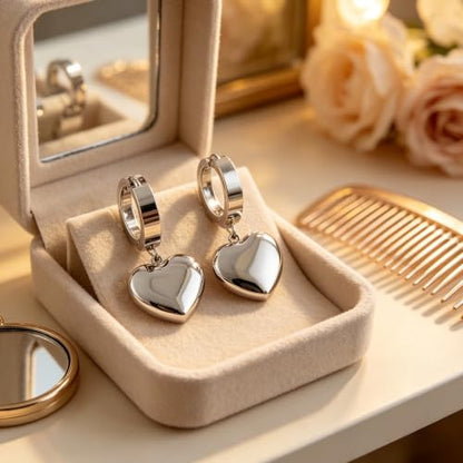 Silver Hoop Earrings for Women Stainless Steel Heart Charm Huggie | Statement Jewelry