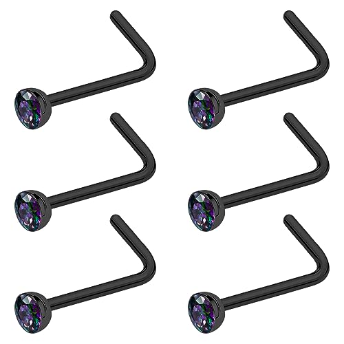 20G & 18G Nose Rings - Black, Silver & Gold Stainless Steel Studs & Screws - L Shaped & Bone Nose Rings Set - Clear CZ Nostril Piercing Jewelry - color: Black: 3mm RQ-CZ/ L Shaped/ 20G/ 6Pcs