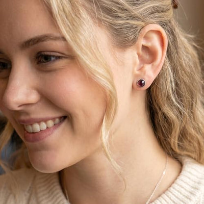 Garnet Earrings, 925 Sterling Silver Stud Earrings Hypoallergenic, January Birthstone Jewelry for Women