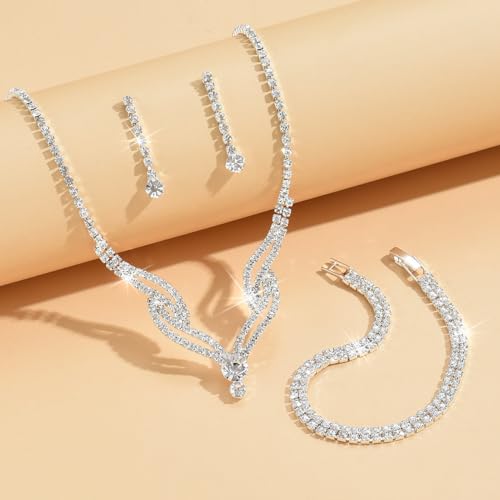 Prom Earrings Necklace Bracelet Set Elegant Crystal Rhinestone Necklace Earrings Bracelet Bridal Wedding Prom Dresses Costume Outfit Gold Jewelry Sets for Women - color: G