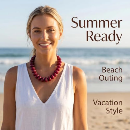 Chunky Beaded Statement Necklace for Women, Colorful Rondelle Bead, Bohemian Style, Adjustable Length, Summer Beach Accessory - color: Burgundy