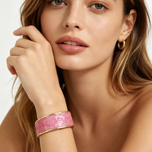 YBMYCM Chunky Shell Cuff Bracelet for Women, Hammered Boho Open Bangle | Adjustable Irregular Wide Bracelets Jewelry Gifts for Women, Perfect for Daily Wear - color: C-Pink