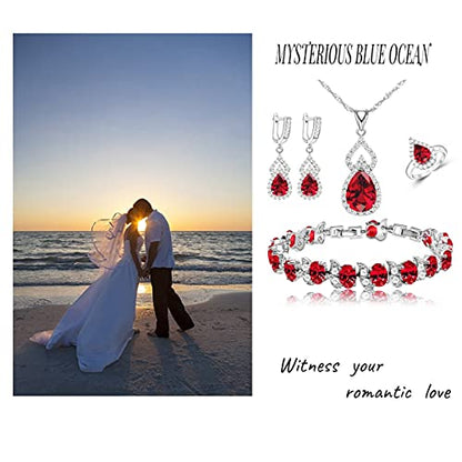 LMXXVJ Women Jewelry Set Platinum Plated Necklace Open Ring Earrings Bracelet Set,Birthday/Anniversary Mother’s Day Jewelry Gifts for Mom/Wife/Sister/Best Friend - color: Garnet Red