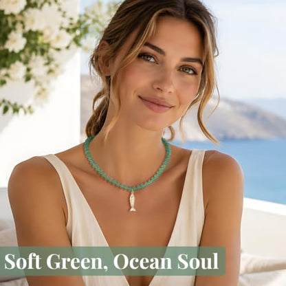 SAMYA Gemstone Beaded Necklace for Women, Natural Stone Ocean Jewelry | Fish or Seashell Pendant Beach Necklace, Gold Spacer Accents, Reinforced Stainless Steel Clasp, Adjustable 16"+2" - color: Green Aventurine