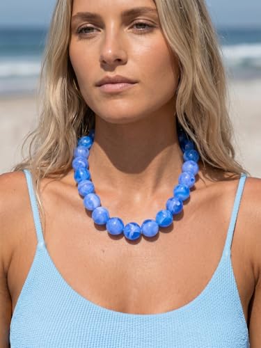 Chunky Beaded Necklaces for Women Statement Necklace | Bold Chunky Choker, Large Resin Beads, Adjustable Necklace, Boho Trendy Summer Beach Holiday Jewelry - color: Blue-01