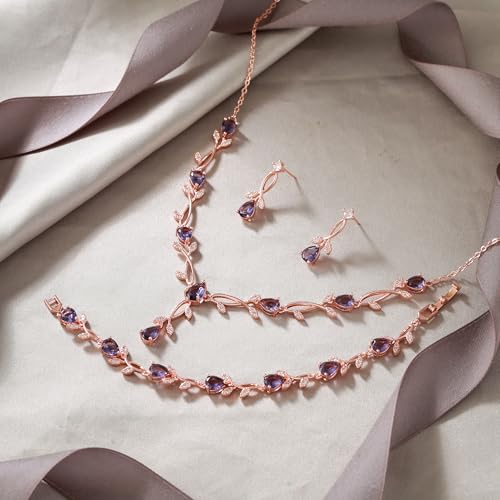 EVER FAITH Cubic Zirconia Pearl Leaf Bridal Jewelry Set for Bride Women | White Wedding Prom Necklace Dangle Earrings Bracelet, for Bridesmaid - color: CZ_Purple Rose Gold-Plated-Brass