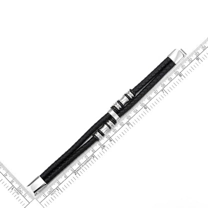 COOLSTEELANDBEYOND Mens Double-Row Braided Leather Bracelet Bangle Wristband with Black Stainless Steel Ornaments - color: B-Black Silver