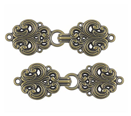 bezelry 6 Pairs Rococo Swirl Flower Cape or Cloak Clasp Fasteners. Sew On Hooks and Eyes Cardigan Clip. 65mm Fastened. - color: Antique Brass