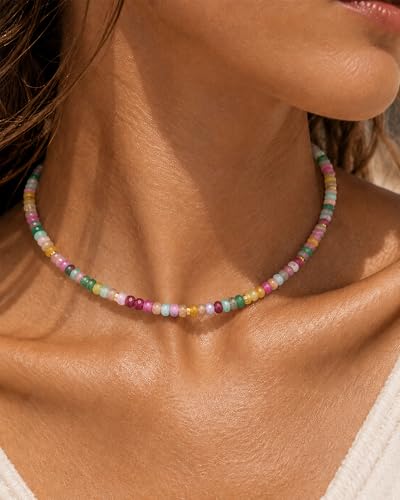 Natural Heishi Gemstone Choker Necklace for Women, Adjustable 15"+2" Beaded Layering Necklace, Coastal Beach Jewelry Gift for Her - color: Colorful Gemstone