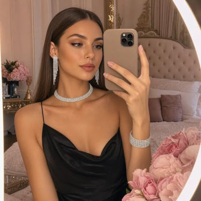 Crystal Silver Jewelry Set - 3 Pcs Dainty Rhinestone Necklace Bracelet and Tassel Dangle Earrings Sets for Brides Bridesmaids Bridal Party Prom Accessories