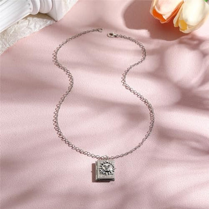Photo Book Locket Necklace for Women Charm Choker Pendants that Holds Pictures Memorial Jewelry - color: Sun Pattern