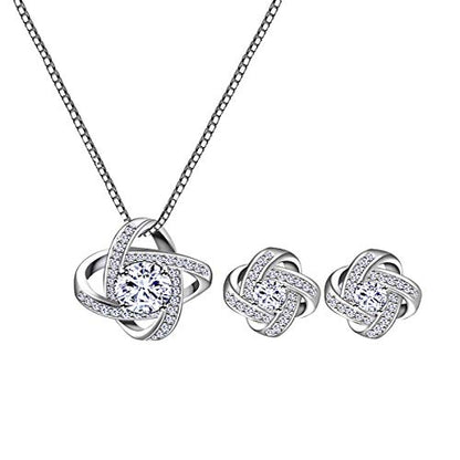AMYJANE Bridal Jewelry Set for Women - Crystal Cubic Zirconia Love Knot Necklace Stud Earrings Elegant CZ Jewelry Set for Wedding Bride Bridesmaids Gift Set - color: Clear(14k White Gold Plated)