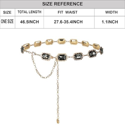 ILuvatar Green Glass Diamond Chain Belt - Metal Women's Western Style Dress Belt - color: Gold-s-black
