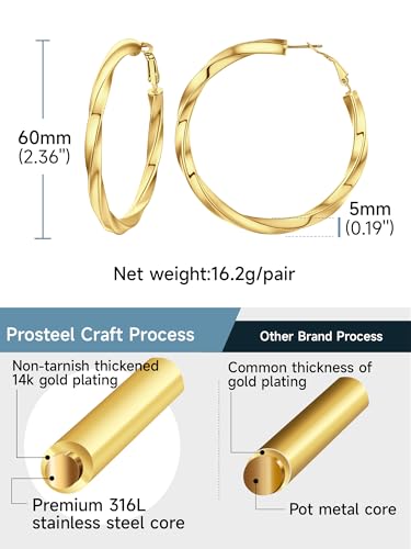 PROSTEEL Chunky Hoop Earrings for Women 14K Gold Plated/Black/Silver | 20/30/40/50/60/70/80mm Stainless Steel Thick Big Round Hoop with Waterproof and Non Tarnish Trendy Jewelry with Gift Box - color: 4. Gold, size: 60MM
