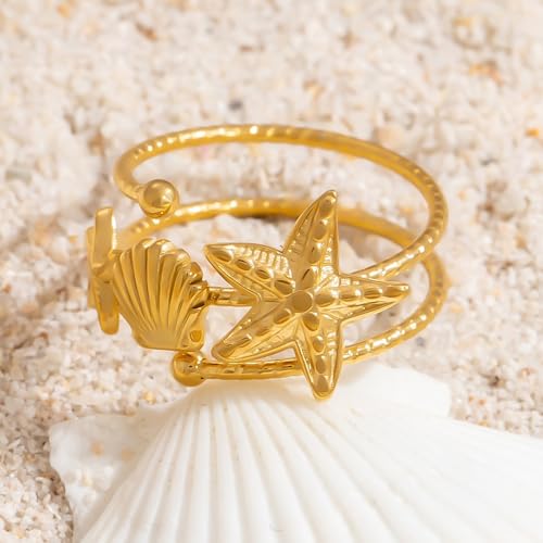 Bohemian Starfish Shell Finger Statement Ring for Women Gold Plated Dainty Seashell Star Wrap Open Adjustable Layered Thin Band Stacking Comfort Fit Stainless Steel Summer Beach Ocean Holiday Jewelry