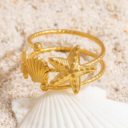 Bohemian Starfish Shell Finger Statement Ring for Women Gold Plated Dainty Seashell Star Wrap Open Adjustable Layered Thin Band Stacking Comfort Fit Stainless Steel Summer Beach Ocean Holiday Jewelry