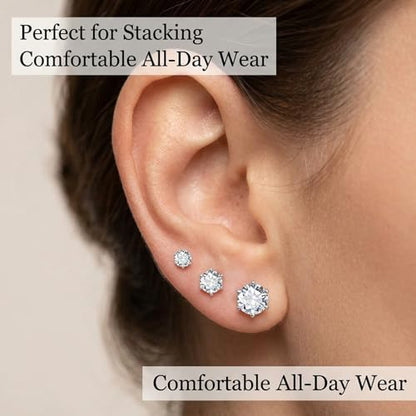 6 Pairs Silver Stud Earrings for Women 3-8 Mm 316L Hypoallergenic Cubic Zirconia Surgical Stainless Steel Earring Studs