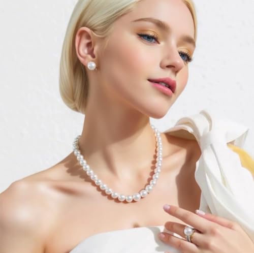 8mm 10mm Faux Pearl Necklace Earrings Set for Women White Black Round Glass Pearl Wedding Jewelry Gifts - color: White Pearl-Ear Stud Set, size: 8mm