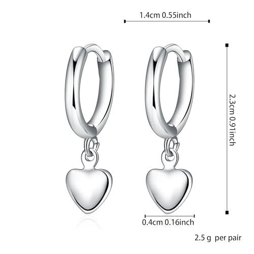 Charming Sterling Silver Heart Dangle Hoop Earrings - White Gold Plated, Huggie Style, Gift for Women